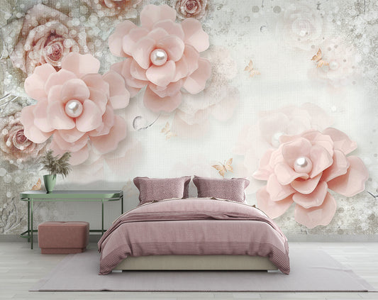 European Style Beautiful Elegant Pearl 3D Flower Wallpaper