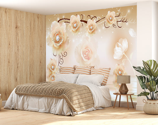 Orange Rose Floral Wallpaper For Bed Room Walls