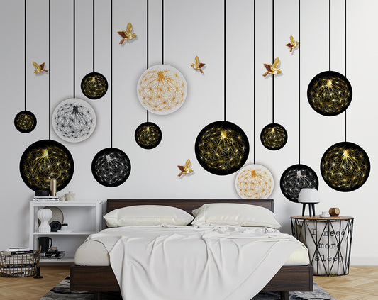 3D Black Gold And White Bed Room Wallpaper