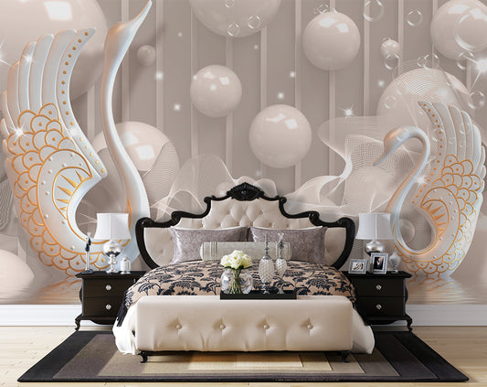 Swans Purple Flowers Pearls 3D Wallpaper