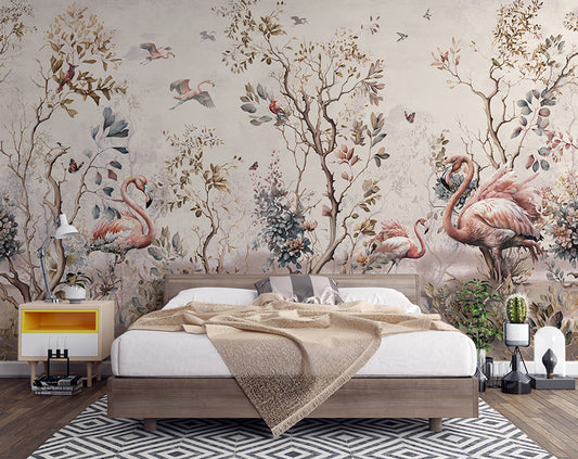 Bedroom - Tropical Leaves & Flamingo Wall Mural Wallpaper, Custom Size