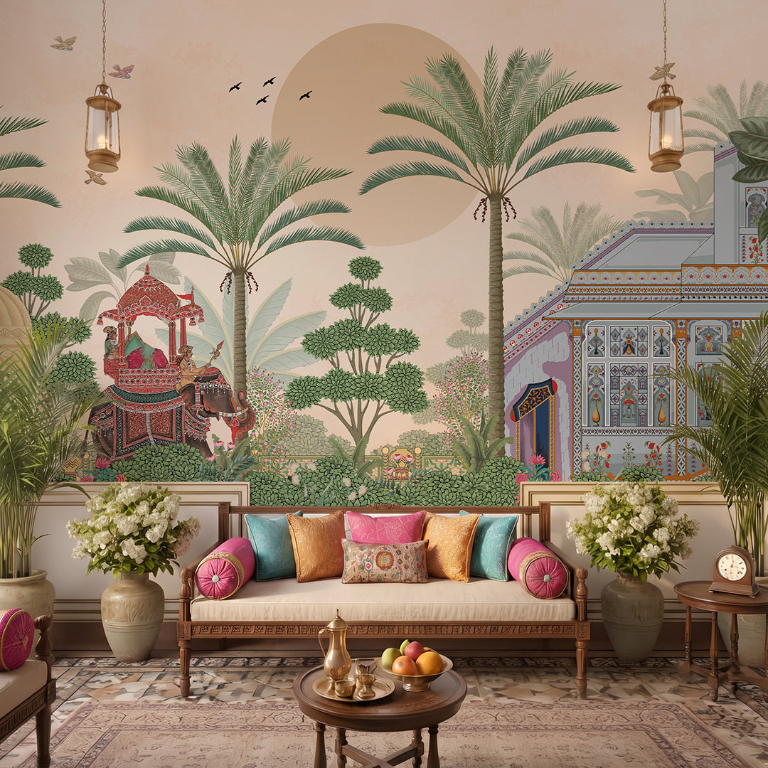 Living Room - The Maharaja's Journey – Indian Elephant Wall Mural Wallpaper, Custom Size