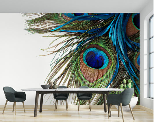 3D Original Green Blue Peacock Feather Wallpaper For Wall
