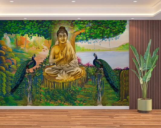 Gautam Buddha and Peacock 3D Mural Wallpaper