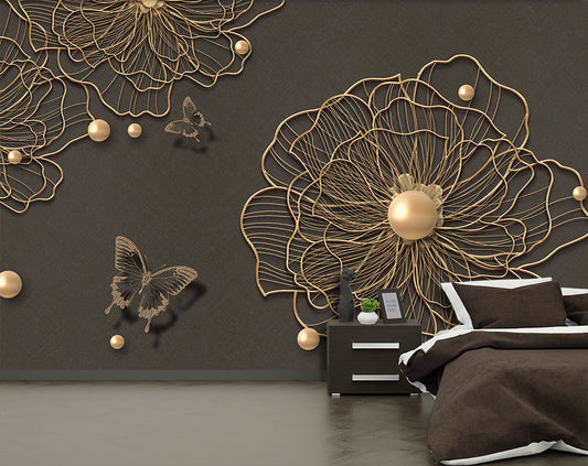 3d beautiful golden line flower pearl butterfly background wallpaper