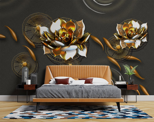 3D Creative Golden Lotus Flowers Wallpaper