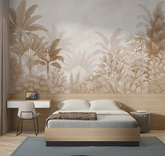Bedroom - Tropical Jungle Leaf Wall Mural Wallpaper, Custom Size