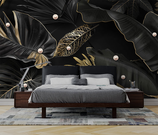 3D Black And Gold Leaf Pearl Embossed Wallpaper