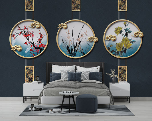 3D Creative Flowers And Modern Gold Metal Art Wallpaper