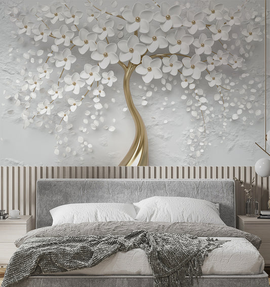 Bedroom - 3D Golden Tree and White Flowers Wallpaper
