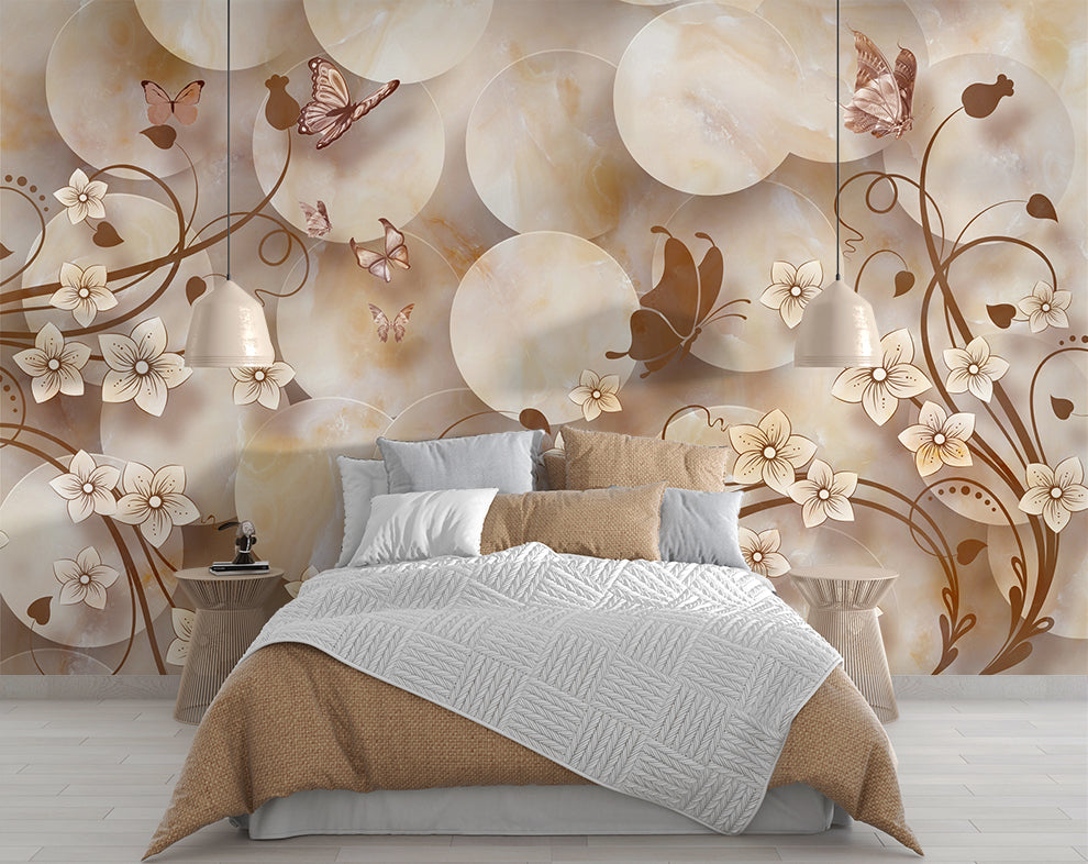 3D Floral Texture And Butterfly Wallpaper