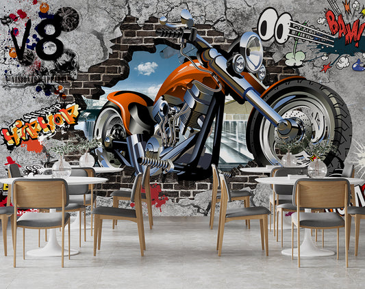 Broken Wall Motorcycle Street Art Wallpaper Bar & Restaurant Wallpaper