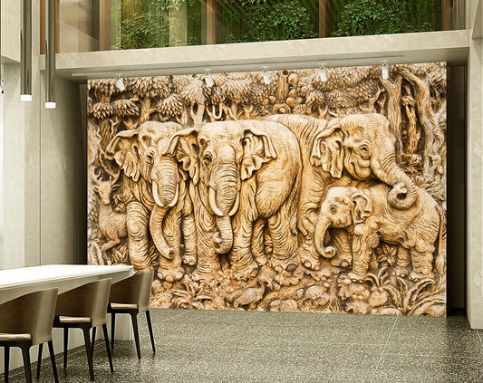 3D Gold Elephants Wall Mural Wallpaper