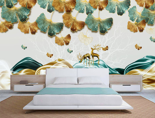 3d beautiful ginkgo leaves and deer wallpaper