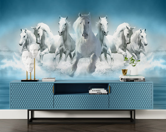 Seven White Horses Vastu Art Wallpaper