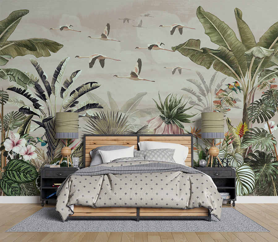 Tropical Forest And Birds Botanical Wallpaper