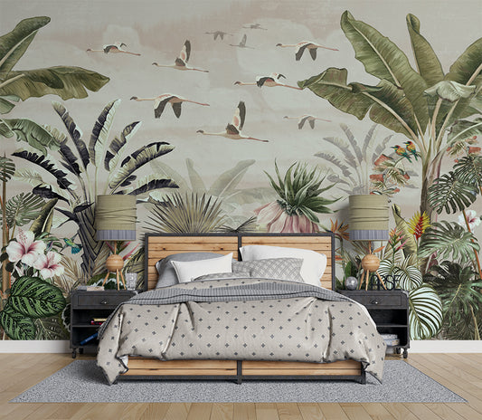 Bedroom - Tropical Forest & Birds – Botanical Wall Mural Wallpaper, Custom Size