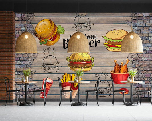 fast food icons cafe wallpaper for walls, food item on wood wallpaper