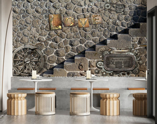 Stone Wall Art With Love Label Restaurant Cafe 3D Wallpaper