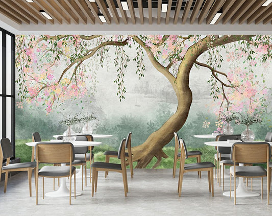 Dining Room - Watercolour Tree & Pink Flowers Wall Mural Wallpaper, Custom Size