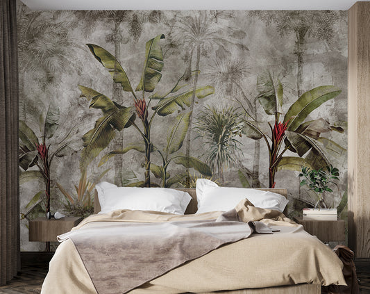 Botanical Gray and Green Forest Tree Wallpaper