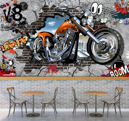 Broken Wall Motorcycle Street Art Wallpaper Bar & Restaurant Wallpaper