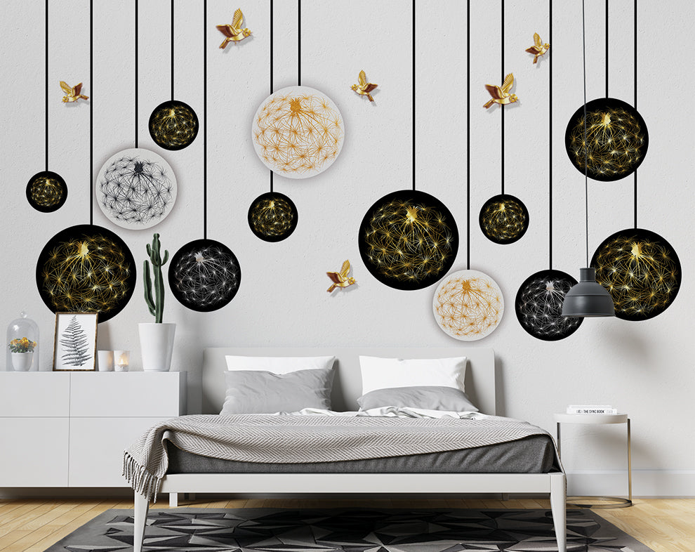 3D Black Gold And White Bed Room Wallpaper
