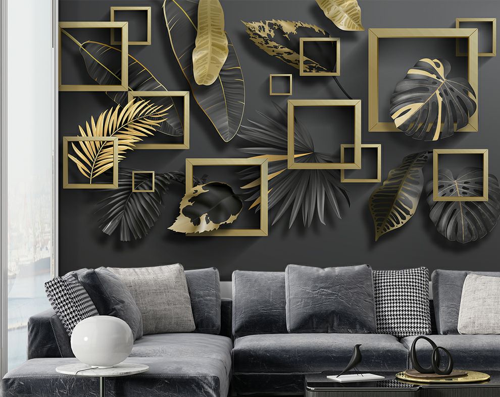 3D Black Leaf And Golden Square Wallpaper