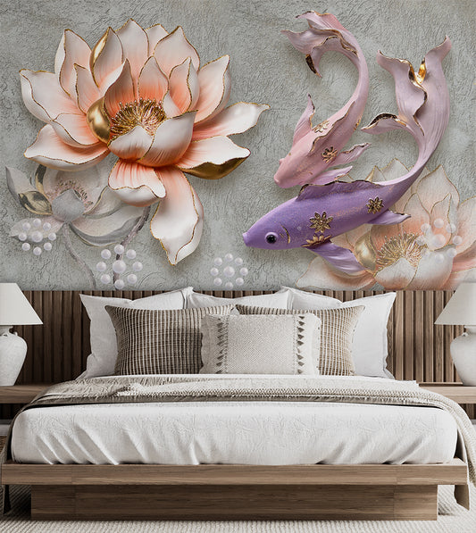 3D Mural Relief Lotus Fish Retro Bedroom Wallpaper