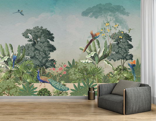 Tropical Jungle With Peacock And Birds Wallpaper