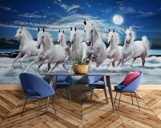 Dining Room - White Horses Running Mural Wallpaper