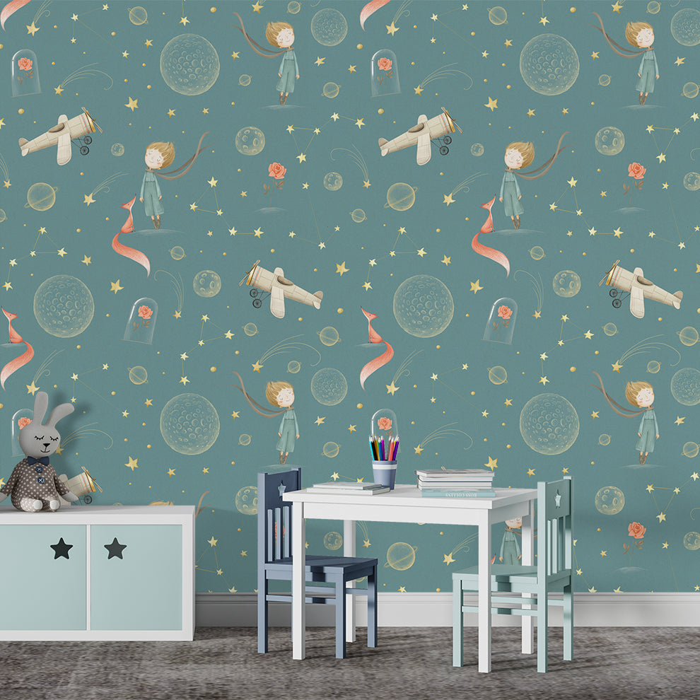 Airplane With Stars Nursery Boys Wallpaper