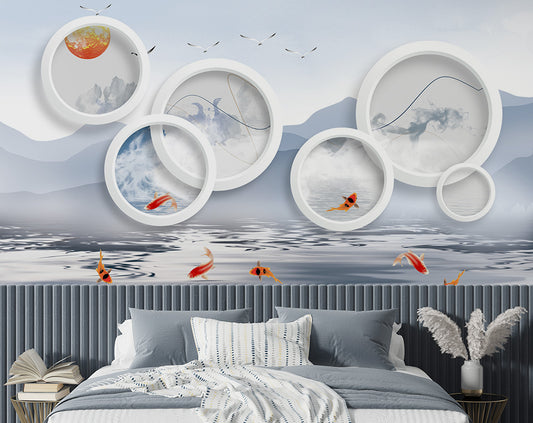 3D Circle Art And Fish Wallpaper | Living Room Wallpaper