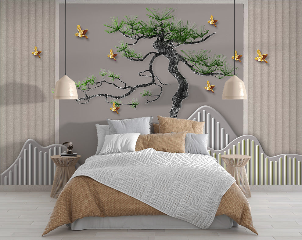 Curved Pine Tree And Golden Birds Mural Wallpaper