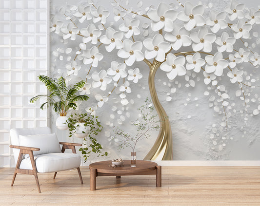 Living Room - 3D Golden Tree and White Flowers Wallpaper