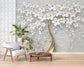 Living Room - 3D Golden Tree and White Flowers Wallpaper