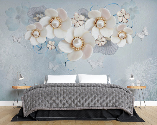 Sky Blue Background Wallpaper | Jewelry Flowers 3D Wallpaper