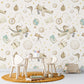 Children's room with a wallpaper featuring vintage toys and space-themed elements.