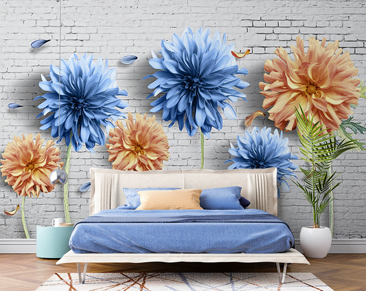 Bedroom - Blue And Orange 3D Daisy Flowers Wallpaper
