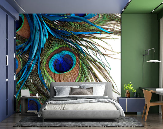 3D Original Green Blue Peacock Feather Wallpaper For Wall