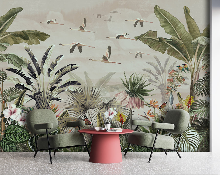 Tropical Forest And Birds Botanical Wallpaper