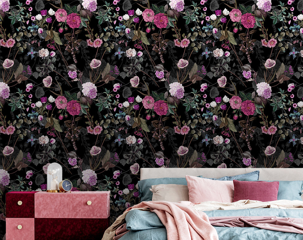 Dark Pink Floral Wallpaper With Black Background