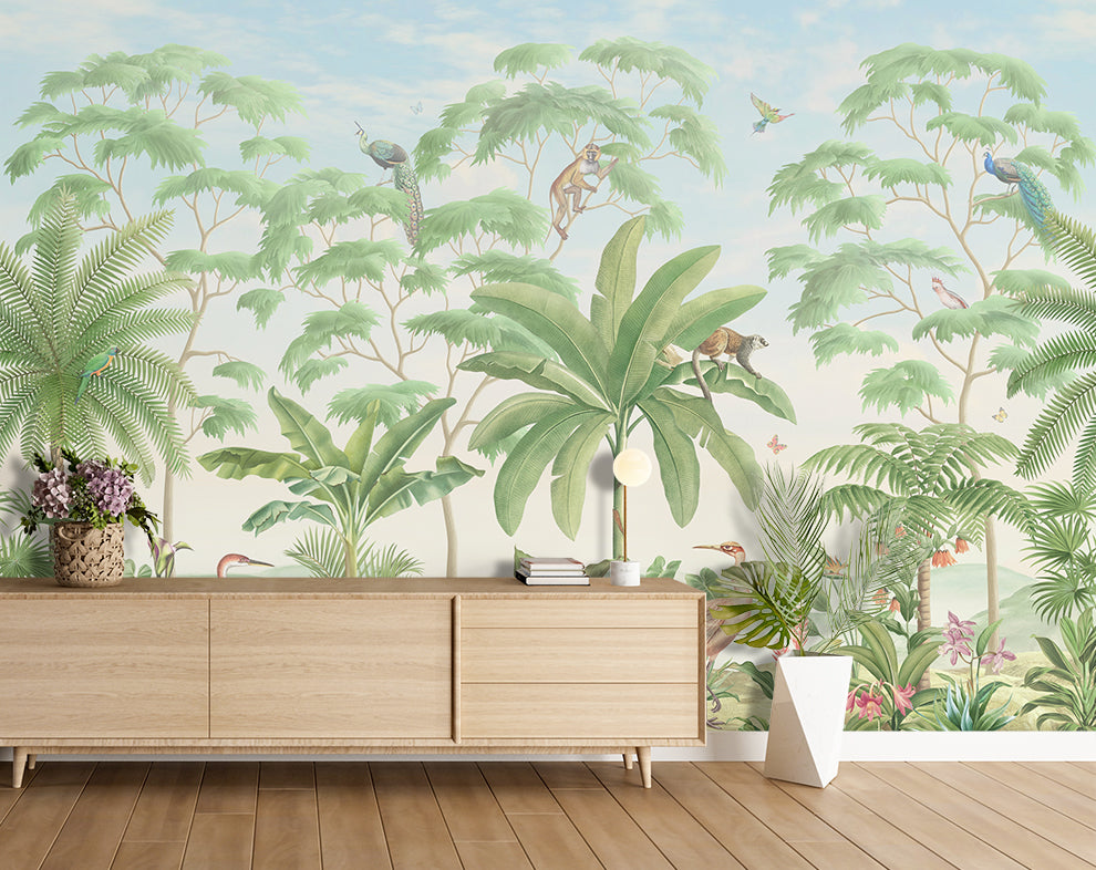 Tropical Jungle Plant And Wildlife Mural Wallpaper