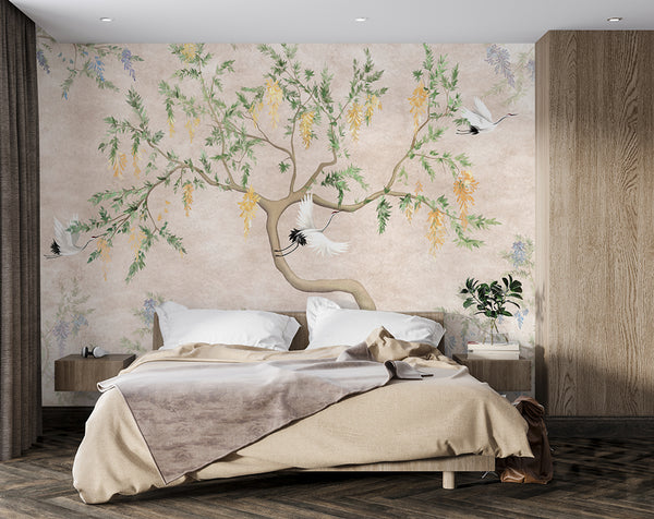 Chinoiserie crane bedroom wallpaper - view 3