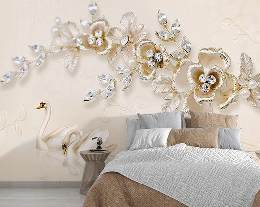 European Style 3D Diamond Flower Jewelry Floral Flowers Wallpaper