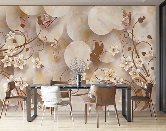 3D Floral Texture And Butterfly Wallpaper