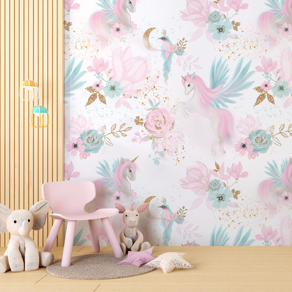 Children's room with unicorn and floral wallpaper