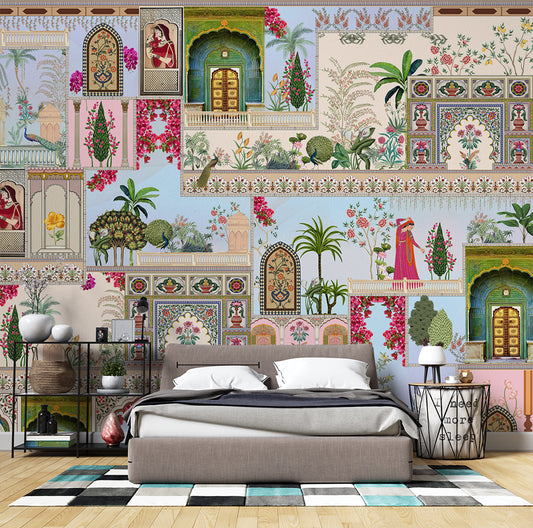 Bedroom - Traditional Indian Art Wall Mural Wallpaper, Custom Size