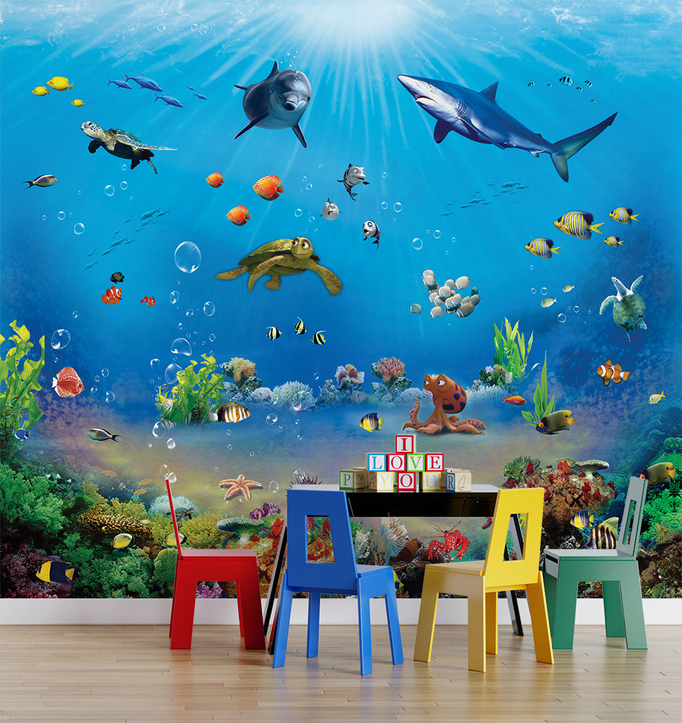 Sea Fishes Starfish Plants Ocean Life Wallpaper | Underwater Theme Kids Room Decor