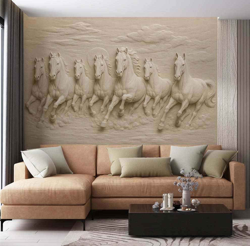 3D Seven Horses Mural Wallpaper